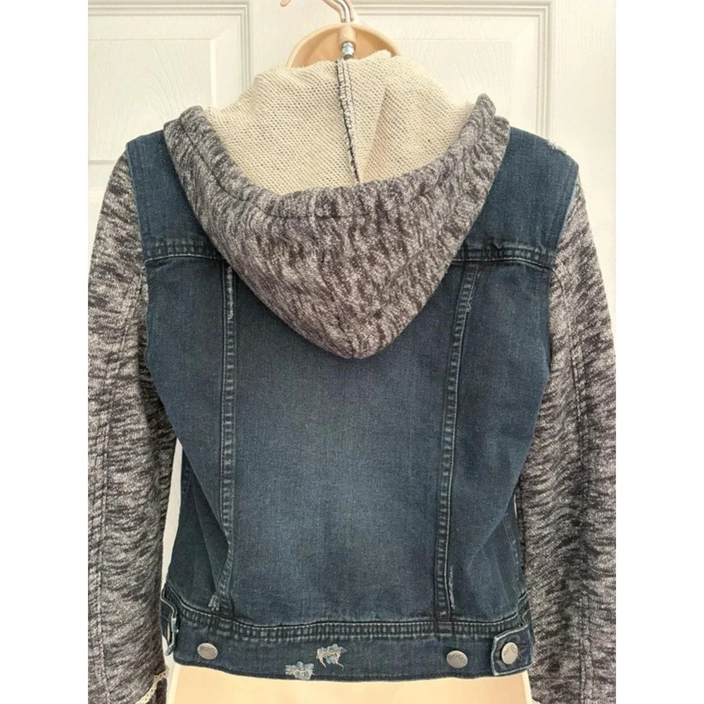 Free People Denim Jacket Hoodie Small Blue Distressed Knit Sleeve Boho Y2K